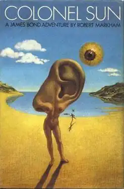 Surreal book cover, showing a naked woman (the top half of her body being an ear) standing on a beach. In place of the sun is a large eyeball.