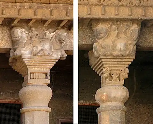 Comparison of the pillar capitals of Nahapana's Cave 10 (left) and Gautamiputra's Cave 3 (right). The capitals of Cave No.3 are "much poorer in proportion", with a "shorter and less elegant form of the bell-shaped portion, and the corners of the frame that encloses the torus having small figures attached", pointing to a later period imitation.[8]