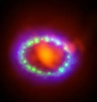 Composite of ALMA, Hubble and Chandra data, showing newly formed dust in the center of the remnant and the expanding shock wave.