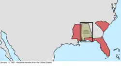 Map of the change to the founding states of the Confederate States on January 11, 1861