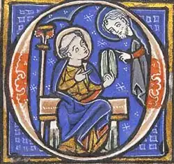 A large letter O in a frame. At the centre of the letter, there is an illustration of Moses receiving the Ten Commandments on tablets of stone.