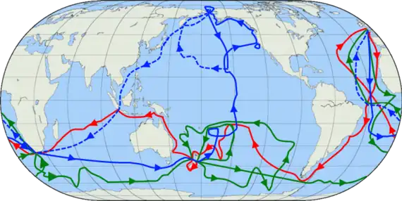 A map of the entire globe, with lines showing where Cook's ships travelled