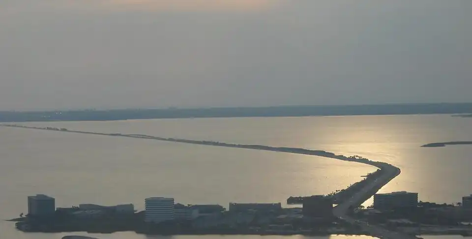 While the Courtney Campbell Causeway itself is almost 10 mi (16.1 km) long, its longest over-water span (center-left) is just over one half-mile (804.7m) long.