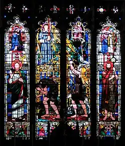 East window, S.John, Coventry, Warwickshire, a late large commission: lower half - "As in Adam all die"
