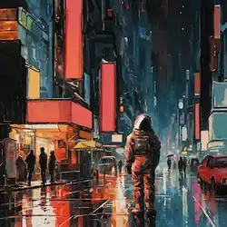 Astronomer standing in the rain on the city's street at night