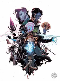 The main characters arranged in a diamond shape with characters towards the top larger than the characters towards the bottom or sides. Standing back to back at the top are Caduceus, wielding his pink crystal staff, and Molly, holding tarot cards. Back to back directly below are Jester, aiming her giant lollipop spiritual weapon, and Fjord, wielding his falchion. In the middle directly below them is Caleb holding a Luxon Beacon followed by Nott, who has pulled down her mask. To the right of them is Beau who is leaping with her staff and to the left of them is Yasha who is similarly launching herself with sword in hand. The Critical Role logo is at the bottom right of the poster.