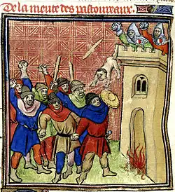 A group of men armed with bludgeons at a fortress manned with two armed men with a nude baby falling from the walls