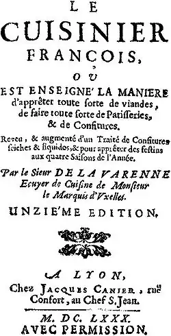 The title page of a 1680 edition of Le cuisinier françois.