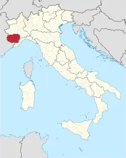 Map highlighting the location of the province of Cuneo in Italy