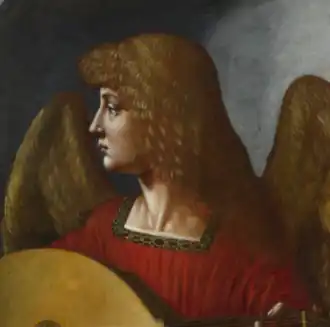 Painting. Head of a figure with face in profile facing left