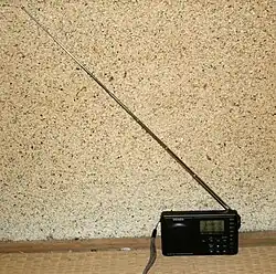 Retractable quarter-wave whip antenna for FM reception on a portable radio, 88 - 108 MHz