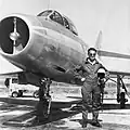 IAF test pilot Danny Shapira in front of a new Dassault Mystère IV A jet in June 1956, also at Ramat David