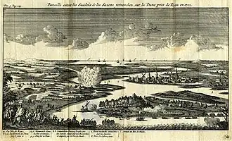 Battle between the Swedes and the entrenched Saxons on the Daugava near Riga in 1701. On the right - the island of Lucavsala