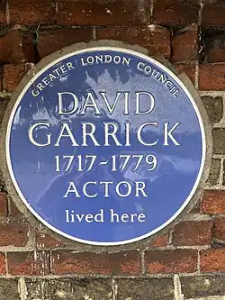 Blue plaque for actor David Garrick, at Garrick Villa, Hampton