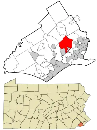 Location in Delaware County and the state of Pennsylvania.