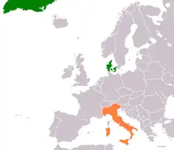 Map indicating locations of Denmark and Italy