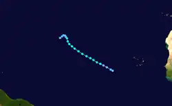 A track map of the path of a tropical storm over the southeastern portion of the Atlantic basin