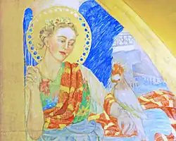 Three-quarters portrait of female with golden halo regarding cockatoo perched on her left arm