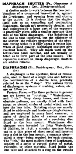 Entries in Cassell's Cyclopedia of Photography, 1911. The terminology diaphragm shutter has since fallen from common use.