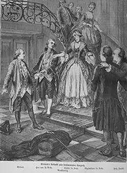 Engraving showing Georg, Sophie and Maximiliane von la Roche together with F. Jacobi and Leuchsenring who greet the arriving Wieland