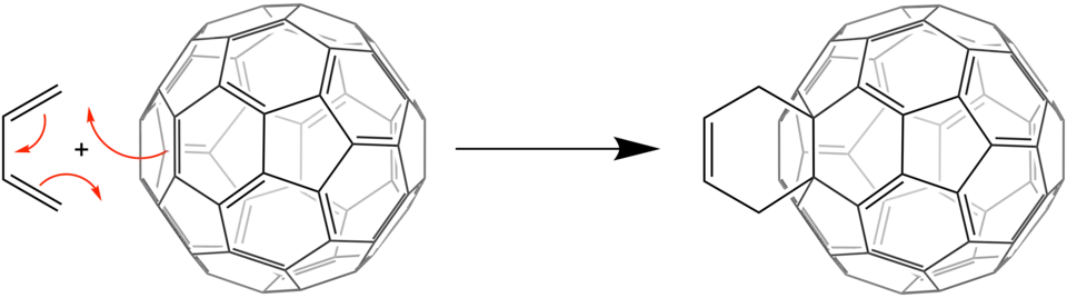 Diels-Alder reaction of C60 Buckminsterfullerene with buta-1,3-diene.