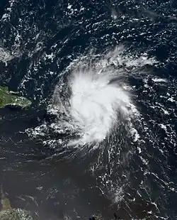 Satellite image of Hurricane Dorian passing by Puerto Rico and over the Virgin Islands on August 28