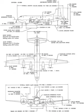 3-view line drawing of the early Douglas C-124A Globemaster II