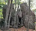 Dragon Rock, aka Split Rock - this is what the rock formation looks like from the woods (October 2020)