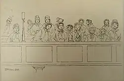 Sketch of sixteen women in nineteenth-century dress, sitting in a gallery.