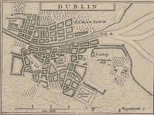 "Beggatroath Castle" on Herman Moll's map of Dublin c. 1714, in the red circle.
