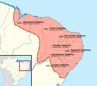 Map of Dutch Brazil from 1630–1654, overlayed on a modern-day map of Brazil.