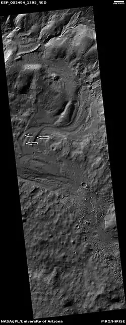 Channel, as seen by HiRISE under HiWish program. Arrows indicate evidence of a meander. Meanders usually mean the river was flowing for some time.