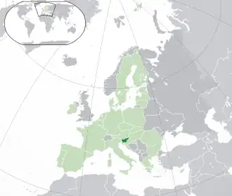 Location of Slovenia (dark green) – in Europe (green & dark grey) – in the European Union (green)