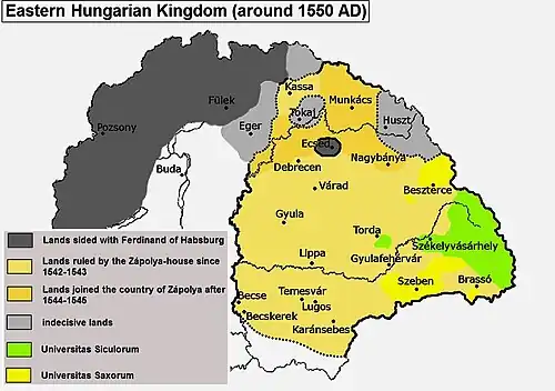 The western Royal Hungary ruled by King Ferdinand I and the Eastern Hungarian Kingdom ruled by King John I at the end of 1526. The Ottomans captured Buda in 1541 and the central areas of the kingdom came under the authority of the Ottoman Empire, therefore Hungary was divided into three parts.
