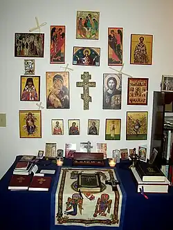 A fairly elaborate Eastern Orthodox icon corner as would be found in a private home