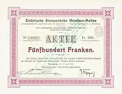 Share of the Elektrische Strassenbahn Wetzikon-Meilen AG, issued 19. April 1904