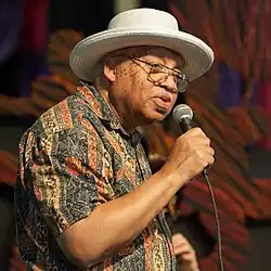 Marsalis addresses the crowd during his performance at Jazz Fest, May 3, 2014