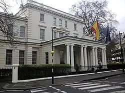 Entrance on Belgrave Square with the Spanish and EU flags