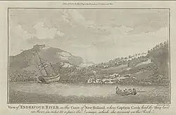 An old engraving shows the Endeavour beached on the shore of a bay, surrounded by wooded hills. An area of land has been cleared and tents set up. A small boat carrying eight men rows on the bay.