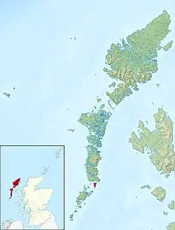 Large scale map showing Eriskay among the Outer Hebrides; an insert shows where the Outer Hebrides are in relation to Scotland