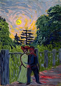 Ernst Ludwig Kirchner, Moonrise: Soldier and Maiden (1905), oil on board, 69.9 x 49.5 cm