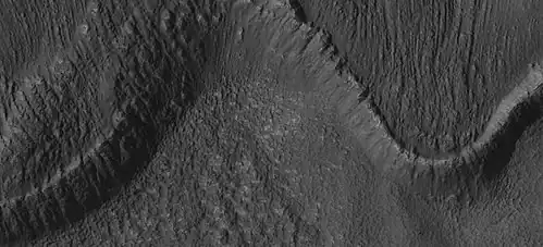 Close-up of the snouts of two glaciers from the previous image, as seen by HiRISE under the HiWish program. These are towards the bottom left of the previous image.