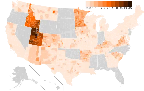 Results by county, shaded according to percentage of the vote for Evan McMullin