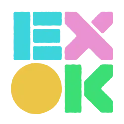 Four stylised letters of different colours arranged in 2-by-2 grid reading "EXOK"