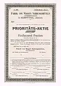 Share of the Fabrik von Maggi's Nahrungsmitteln AG, issued 25. August 1894; oldest known share of this company