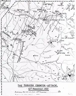 Map shows the positions of the Australian Mounted Division before, during and at the end of 12 November. Also identified are the Ottoman divisions involved and the direction of their attack.