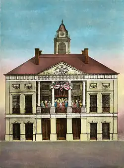Federal Hall, 1790 hand-colored engraving depicting Washington's April 30, 1789, inauguration