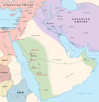 The state of Medina (green) at the time of Muhammad's death, c. 632. It also shows the routes of early Muslim expeditions and conquests under Muhammad.
