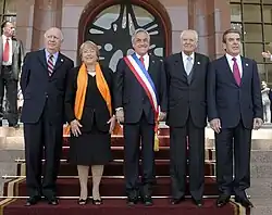 Image 11Five presidents of Chile since Transition to democracy (1990–2022), celebrating the Bicentennial of Chile (from History of Chile)