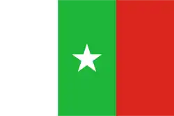 A tricolour flag with vertical stripes of white, green and red; a white star in the central green stripe